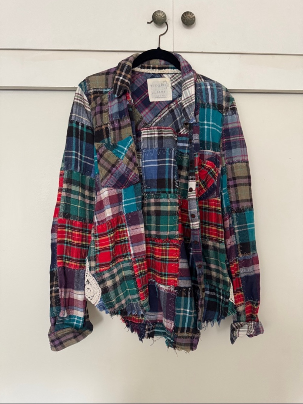 We The Free Mixed Plaid Button Shirt in Navy and Burgundy